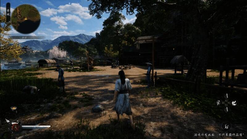 主角手持长剑御风飞行于山川之间,身后剑气纵横