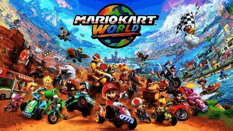 《马里奥赛车:世界》游戏封面,卡通风格的赛车场景,色彩鲜明