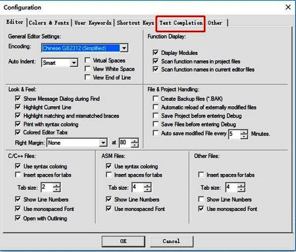 Configuration窗口内的标签页,Text Complation选项卡被激活