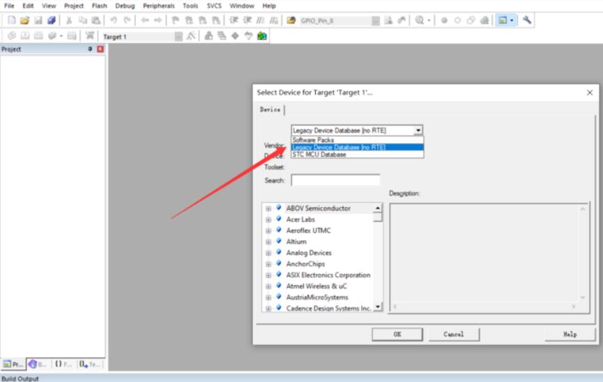 芯片选择窗口,左侧为厂商列表,右侧为具体芯片型号