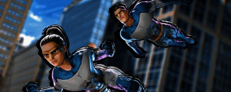 《超级英雄模拟器》游戏封面,展示主角在城市上空飞翔的场景