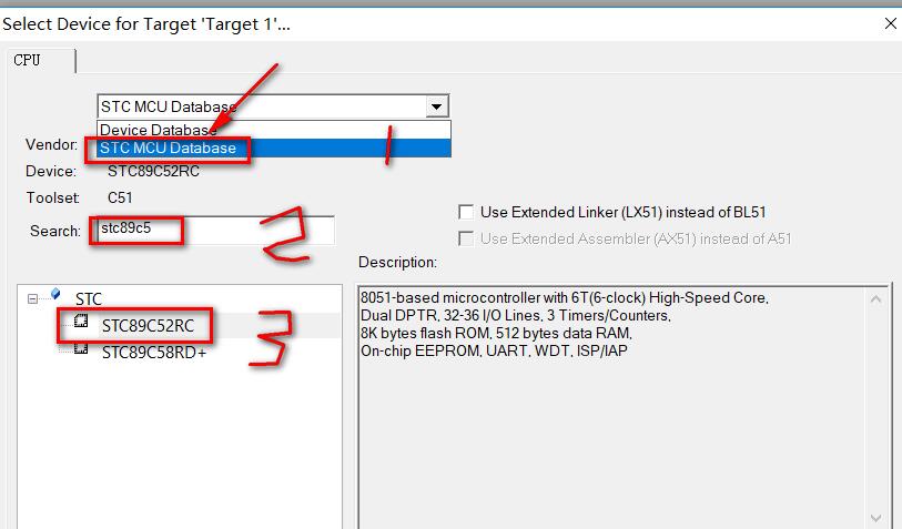 设备数据库界面,列出多种单片机型号,高亮显示STC 89C52RC