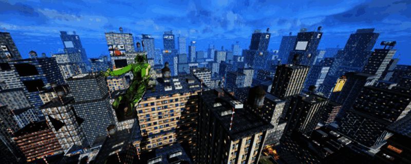 游戏中玩家操控超级英雄在高楼间穿梭飞行，城市全景尽收眼底