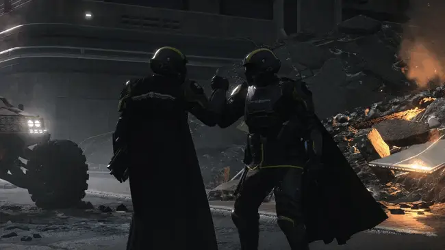 《地狱潜者2》游戏角色形象展示,背景为星际战斗场景