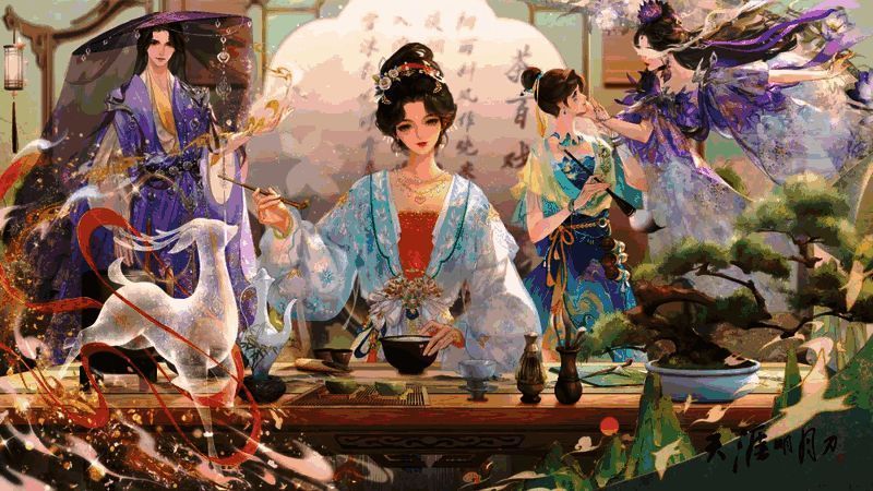 天涯战令S2下半期国风华裳外观展示，角色穿着典雅长袍