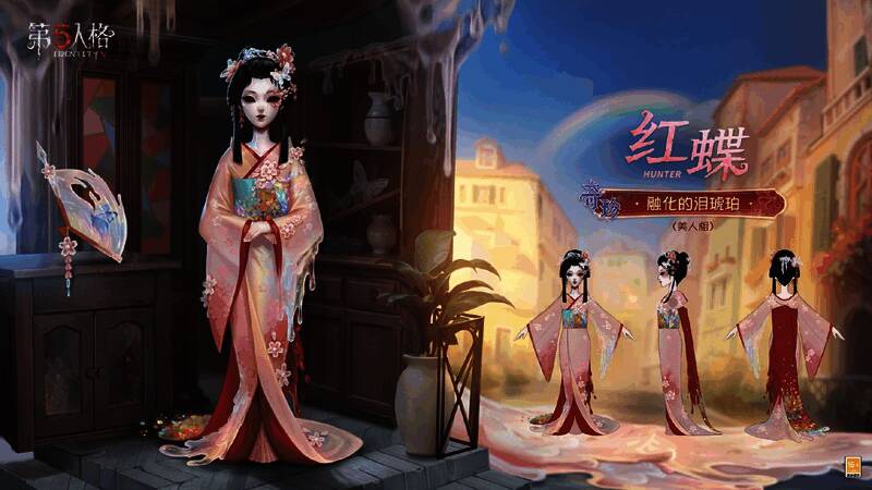 红蝶身穿半透明和服,额角停着蝴蝶