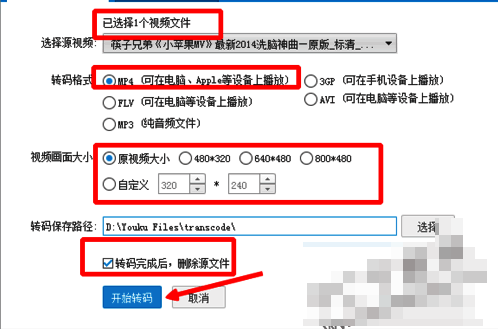 转码设置界面截图，展示格式和尺寸选择选项