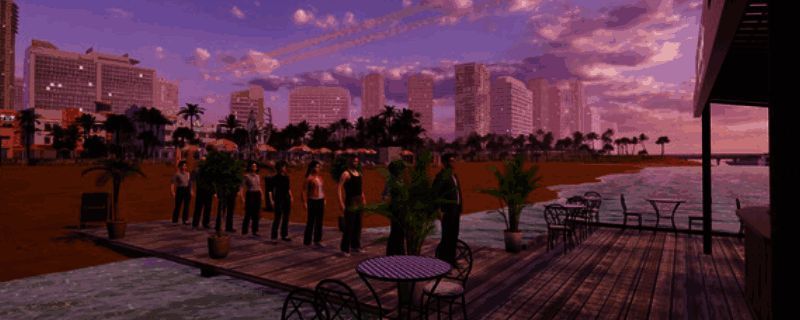 海滩酒吧模拟器游戏宣传图，展示热带海滩酒吧场景，色彩明亮