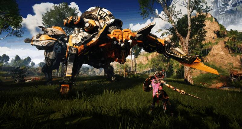 荒野起源游戏主界面展示一个被废墟覆盖的世界,天空中漂浮着巨大的机械生物