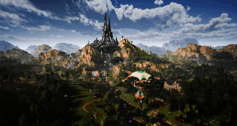 两名玩家协同搭建基地,远处有机械兽巡逻