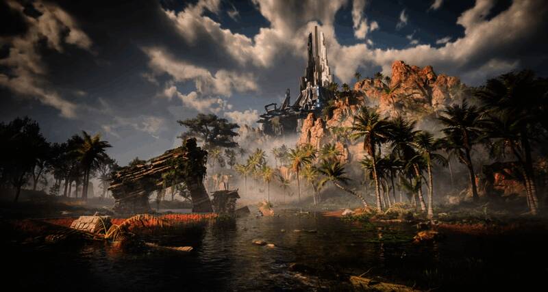 角色骑乘机械兽穿越沙漠地形,背景为落日余晖下的废墟城市