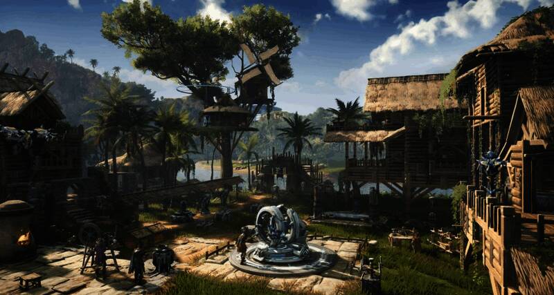 夜晚场景下,角色点燃篝火,周围环绕着发光的植物与游荡的机械兽