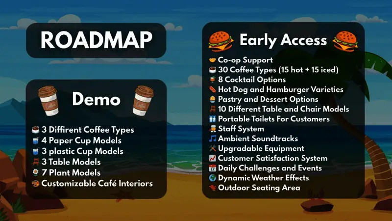 游戏主菜单界面,背景是夕阳下的海滩酒吧,界面按钮展示各项功能选项