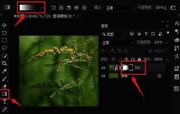 使用渐变工具后形成的黑白渐变蒙版效果