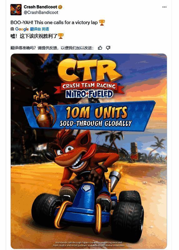 Activision官方发布的《古惑狼赛车氮气加速》销量破千万庆祝图,背景为游戏主角卡丁车飞驰瞬间