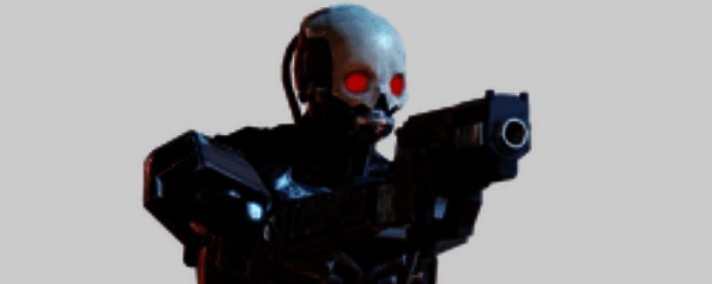 机械统帅手持激光手枪，正在瞄准目标，背景为科幻战场环境