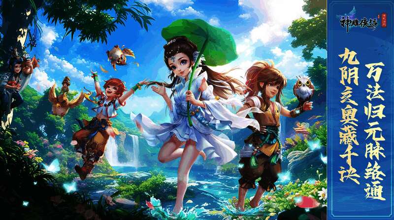 游戏场景展示九阴真经卷轴缓缓展开，金色文字浮现在空中，周围环绕着武林高手