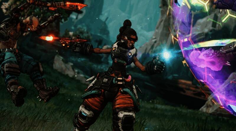 Gearbox创始人 Randy Pitchford 正在接受采访,背景为《无主之地4》宣传图