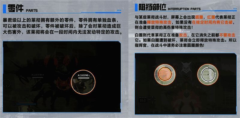 战斗界面截图，显示敌人可破坏部位与红圈预警提示