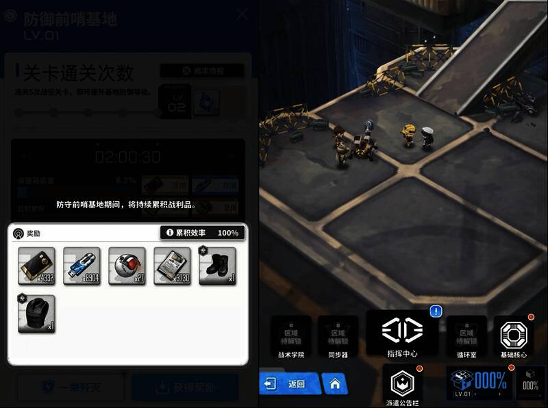 前哨基地界面展示，角色自动战斗并收集资源