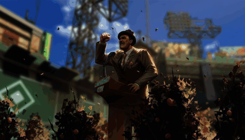 《辐射:避难所Online》新版本宣传图,背景为废土风格城市与英雄形象