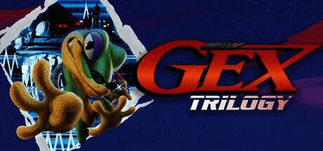 GEX三部曲游戏画面,一只绿色壁虎在电视风格场景中跳跃