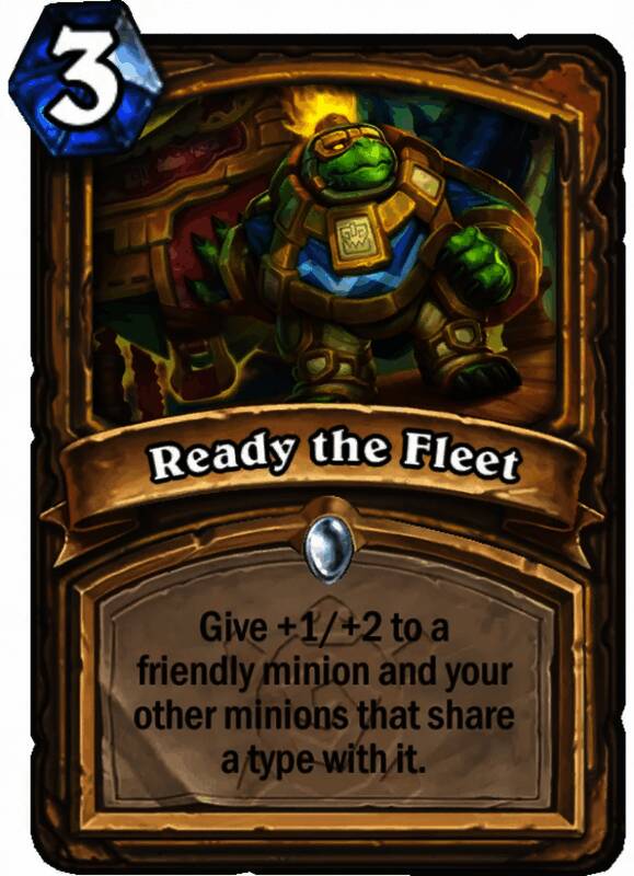 法术卡牌舰队整备展示多个随从被金色光芒包围获得属性加成