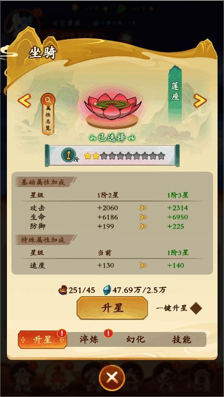 坐骑界面展示,显示不同坐骑的属性加成效果