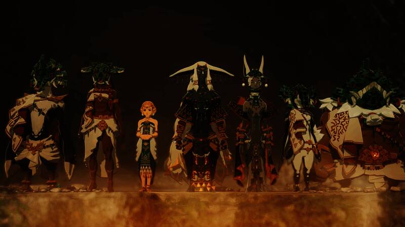 开发者合影与游戏LOGO同框图,背景为《塞尔达无双:灾厄起源》宣传视觉图