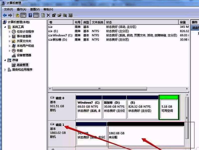 Windows磁盘管理界面截图，显示未分配空间区域