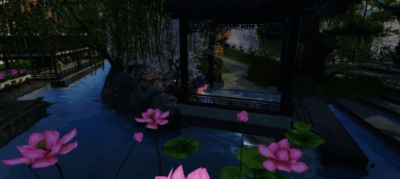 《天下》手游中铁丶铁少侠家园里荷塘边水榭的风景图