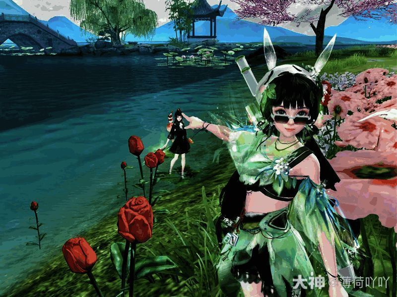 薄荷吖吖少侠与同伴在湖畔的趣味照片