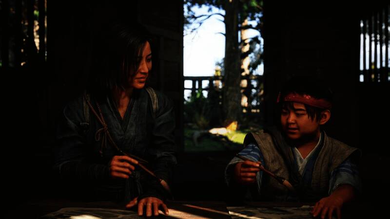 《刺客信条：影》女忍者奈绪江教小孩绘画截图