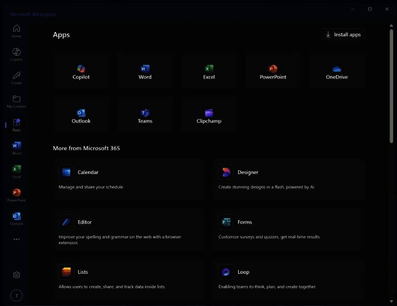 Microsoft 365 Copilot应用选项卡界面图片