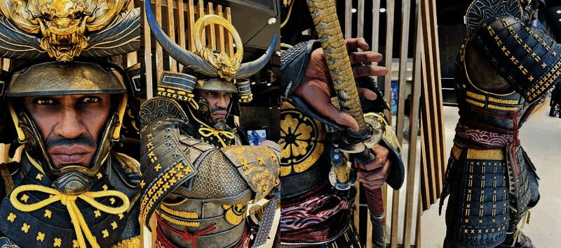 《刺客信条：影》奈绪江和弥助雕像不同角度