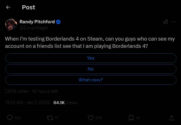 Randy Pitchford的调查问卷推文截图1