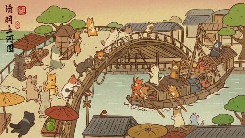 游戏中以猫咪为主角的古画呈现画面