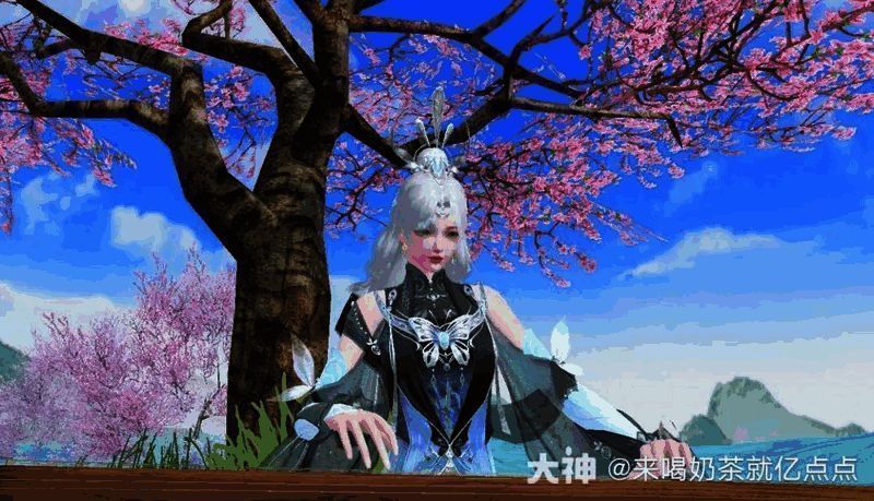 身着【幽兰黛雅】的少女在桃树下抚琴