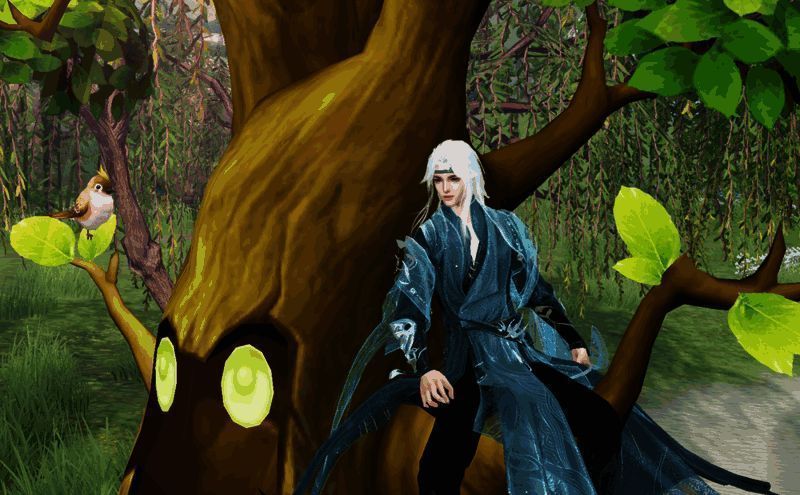 身着【幽兰黛雅】的少侠坐在树上眺望远方