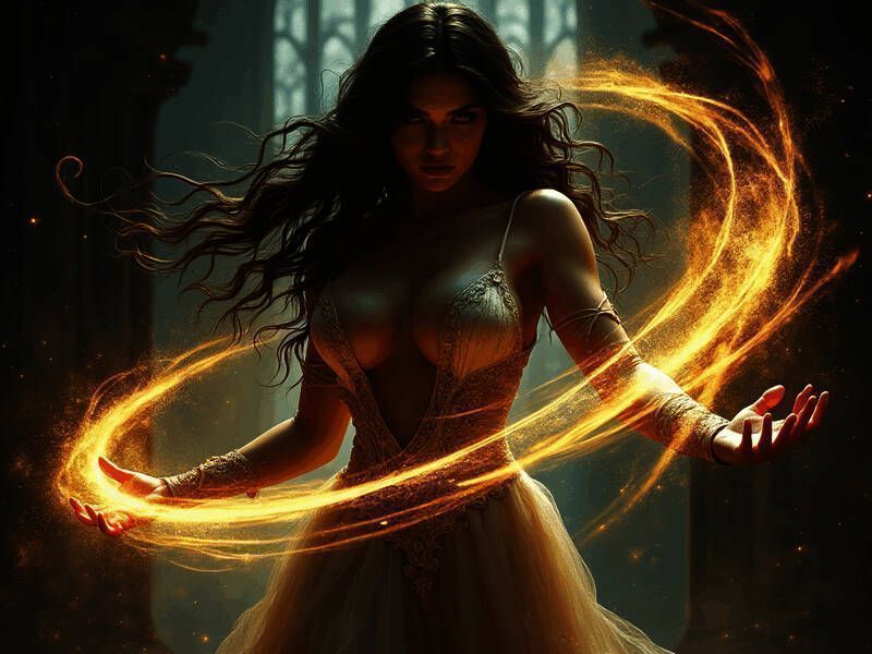 Grok 文生图展示:华丽幻想女巫旋转施展魔法