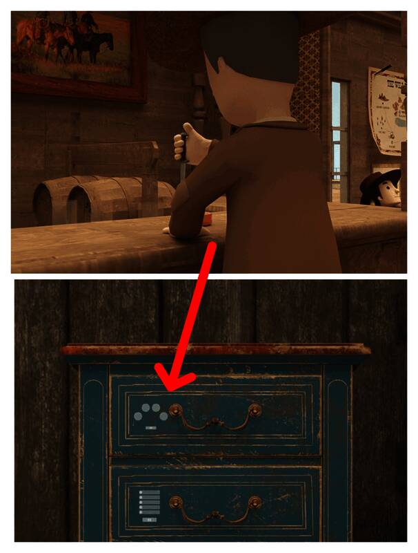 酒馆酒保、吧台前的人及马棚蓝色柜子图