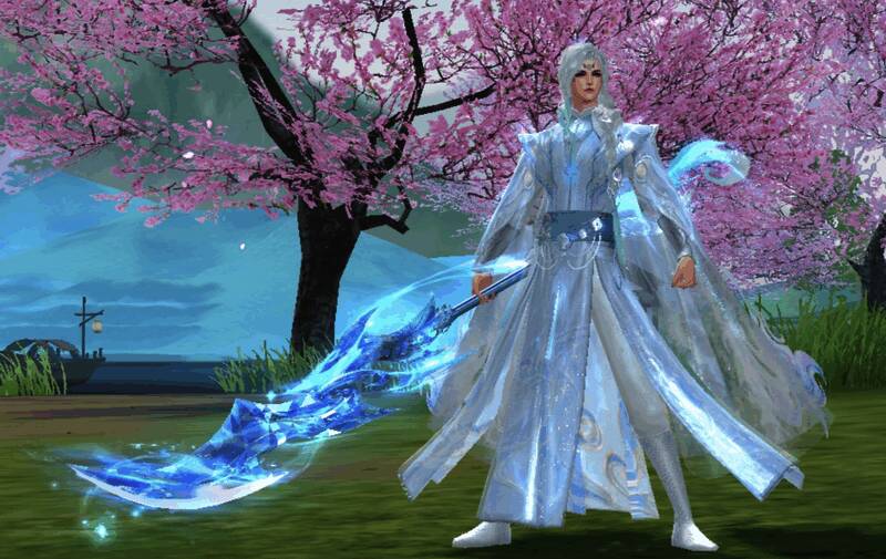 身着暖絮浮岚搭配其他配饰的少侠在桃花林中美照