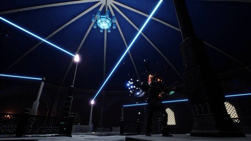 主角与巨型Boss对战画面，空中电光闪烁，背景是崩塌的神殿