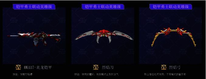 CF手游铠甲勇士联动武器展示图，包含炎龙铠甲与极光系列武器