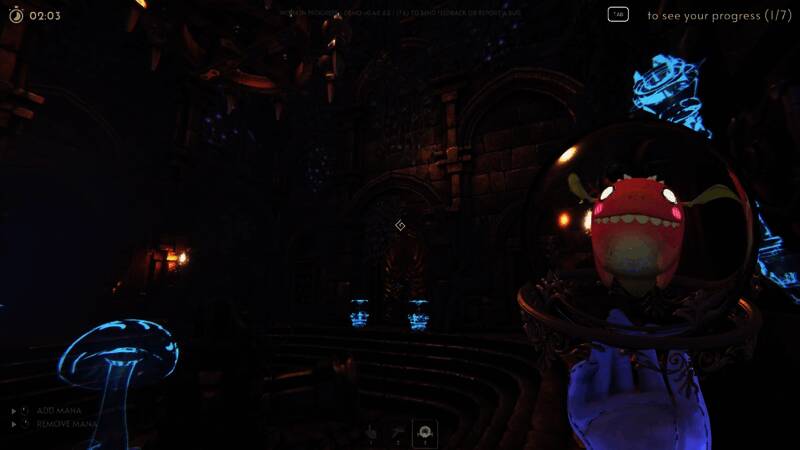 游戏中角色操作清洁设备进行打扫的场景，背景为地牢环境