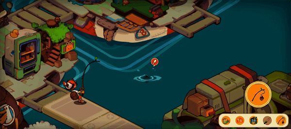 《寻海之旅》钓鱼界面截图，小丑鱼举起鱼竿表示稀有鱼上钩