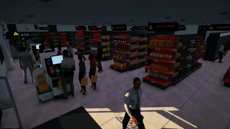 整体超市布局视图,可看到不同区域如冷柜、货架和过道分布清晰