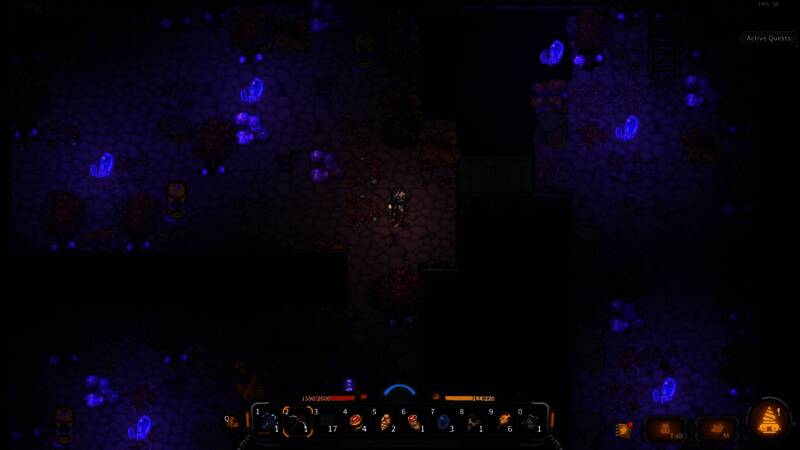 角色在地底森林环境中探索的画面，周围环绕着发光植物与奇异生物