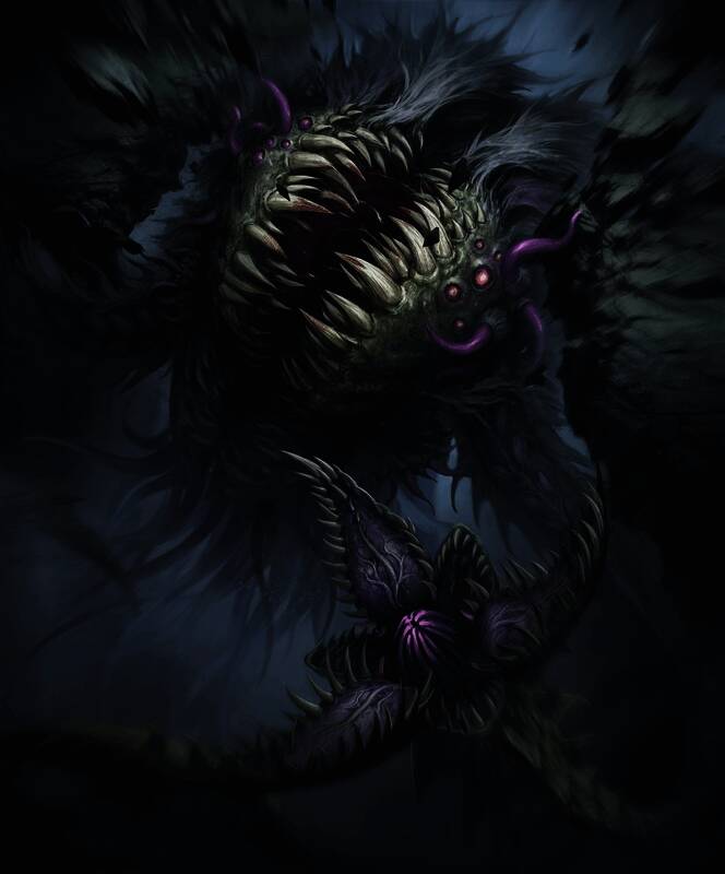 深渊潜灵在断桥下展开攻击的场景，触手破坏着桥梁结构