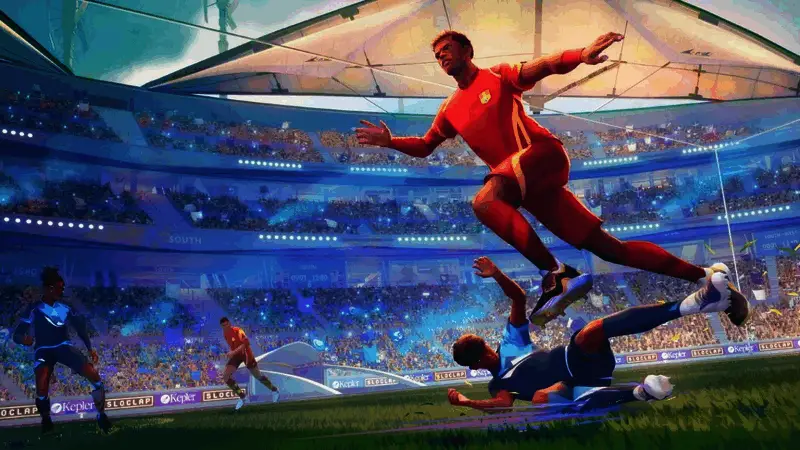 游戏中球员高速奔跑，进行激烈拼抢，画面动感十足